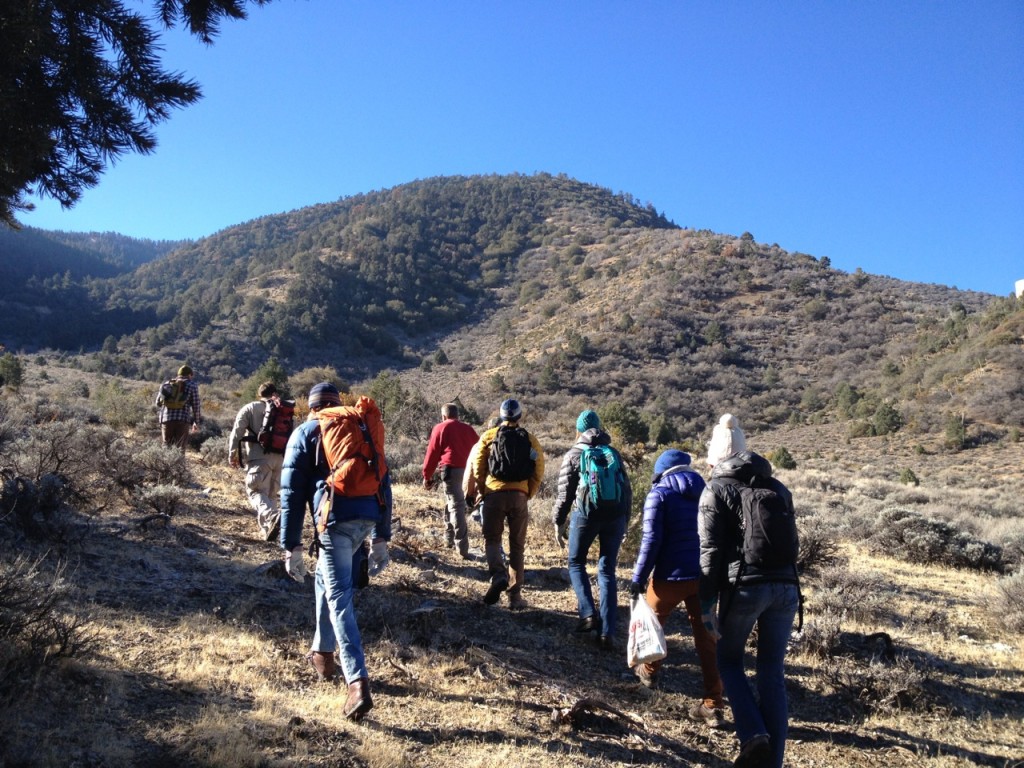 Volunteers hiking en route to the grow site.